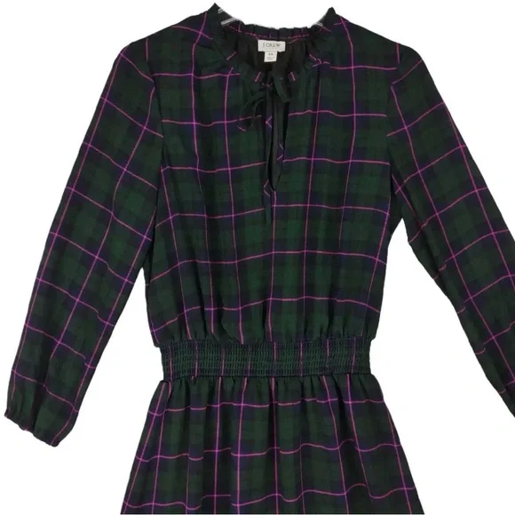 J.CREW Dark Green Plaid Blouson Dress, Ruffle Tie Collar Puff Sleeve Size Medium - Picture 7 of 16